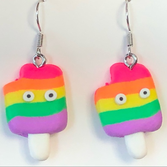 New Rainbow Popsicle Ice Cream Earrings Polymer Clay Fun Novelty Pride Colourful - Picture 6 of 6